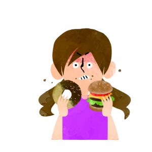 やけ食いする女性のイラスト