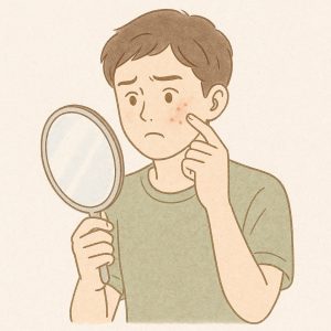 ニキビで鏡を見て悩む若者